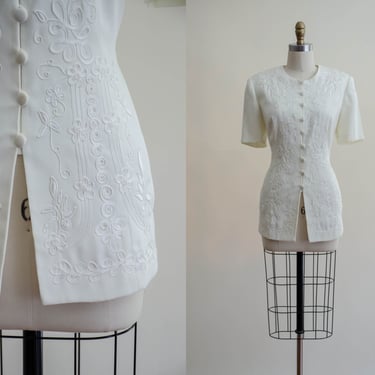 white embroidered blouse | Edwardian style short sleeve jacket | cream soutache button down vintage shirt 