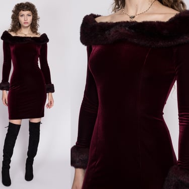 Small 90s Dark Cherry Velvet Faux Fur Trim Mini Dress | Vintage Off Shoulder Long Sleeve Cocktail Party Dress 