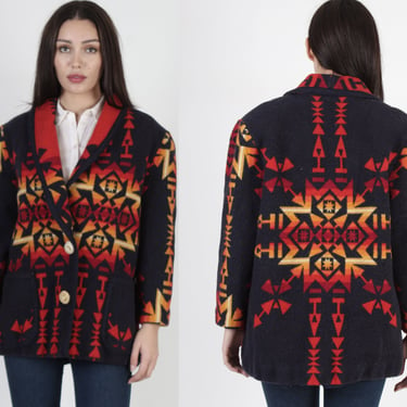 All Over Southwestern Print Blanket Coat / Large Shawl Collar / Native American Button Western Jacket 