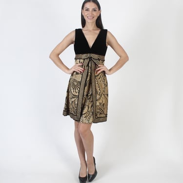 Black High Waisted 60 Dress, Shiny Gold Brocade Babydoll Mini, Vintage Low Cut Formal Gown S M 