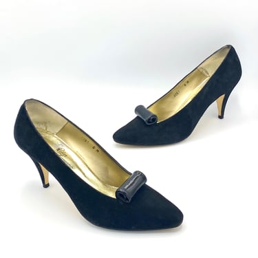 Vintage Rosina Ferragamo Schiavone Pumps, Black Suede Pointed Toe High Heels, Luxe Italian Designer Shoes, US Size 8, VFG 