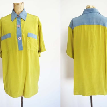 90s Silk Color Block Shirt M L -  Neon Green Blue Colorblock Short Sleeve Unisex Collared Top - Herve Benard - Minimalist Oversized Shirt 
