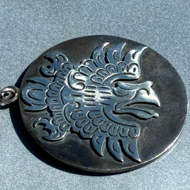 Romero ~ Vintage Taxco Tribal War Eagle Applied on Large Round Oxidized Midcentury Circle Pendant 49 Grams 