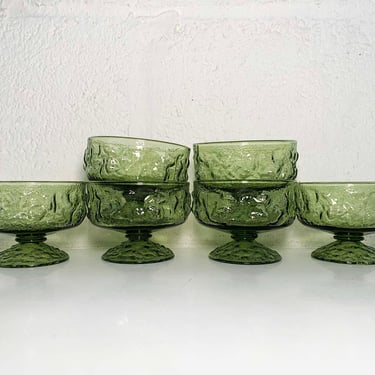 Vintage Avocado Green Anchor Hocking Lido Milano Crinkle Glass Glasses Set of 6 Pedestal Textured Champagne Coupe Sherbet 1970s 