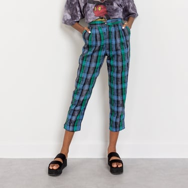 PLAID LINEN TROUSERS Vintage High Waist Pants Pleats Pockets Ankle Spring Summer 90's / 25.5 Inch Waist / Size 2 - 3 / Small 