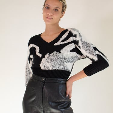 Vintage black and ivory wool and angora blend abstract patterned sweater // S petite (2009) 