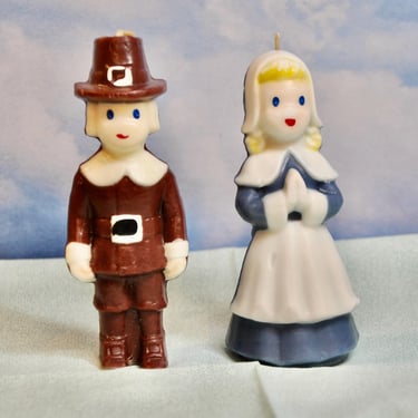 Two 1950s GURLEY Thanksgiving Figurine Candles Boy and Girl Pilgrims Set New Old Stock Never Used Collectible MCM Holiday Decor 5 3/4