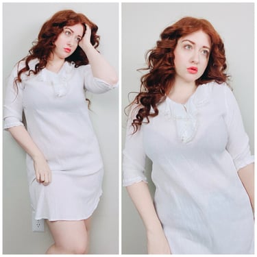 1990s Vintage White Crinkle Cotton Romantic Nightgown / 90s / Nineties Ruffled Romantic Semi Sheer Mini Dress / Size Medium - Large 