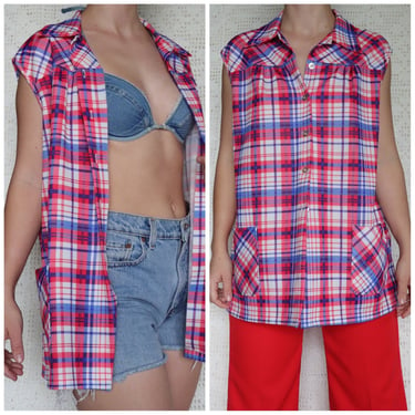 70s Plaid Top Vintage Button Up Tank Top Red White Blue Summer Top w/ Pockets 