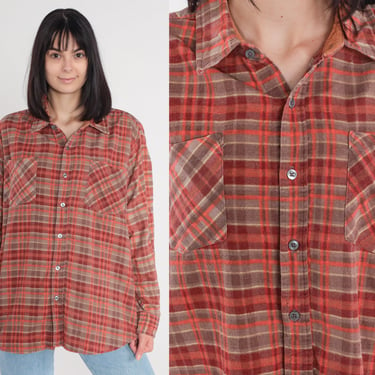 90s Flannel Shirt Red Plaid Button up Shirt Retro Checkered Grunge Lumberjack Long Sleeve Boyfriend Top Button Down Vintage 1990s Mens Large 