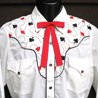 Ely Plains Vintage Western Men Cowboy Rodeo Shirt Embroidered Hearts Spades Clubs Diamonds, 15.5-33, Approx. Medium (see meas. photo) 