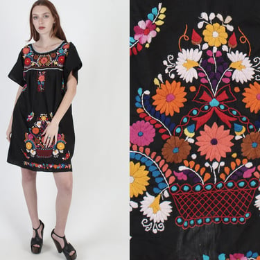 Womens Black Mexican Dress / Stitched Flutter Sleeve Hand Embroidered Dress / Vintage Floral Womens Cotton Beach Vacation Mini Dress 