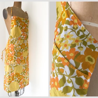 Vintage ‘70s floral print bib chore apron | well made, handmade apron, orange & yellow floral print apron 