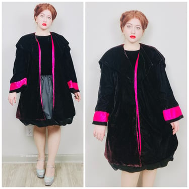 1980s Vintage Eneste Black Velvet Swing Coat / 80s Hot Pink Satin Trim Babydoll Collar Jacket / Size Medium - Large 