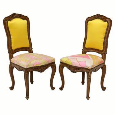 Pair of Antique French Louis XV Style Carved Side Chair with Emilio Pucci Silk Upholstered Seats 