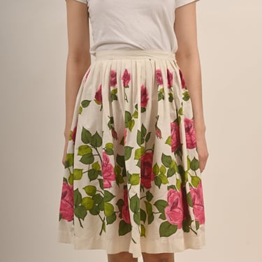 1950s Cotton Pink Roses Print Circle Skirt
