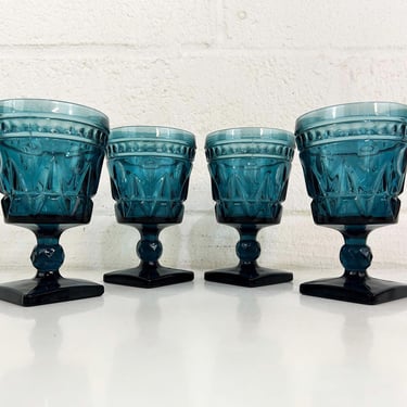 Vintage Park Lane Colony Water Glasses Blue Square Pedestal Base Goblet Set of 4 Wine Glass Indiana Glass Aqua Turquoise 1960s 