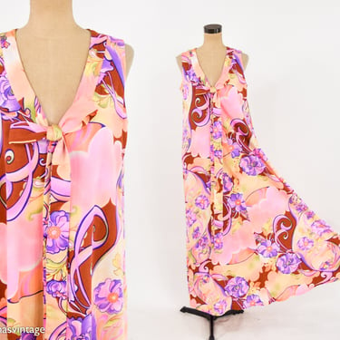 1970s  Pink Purple Print Maxi Dress | 70s Op Art Maxi Pink Dress | TWO POTATO | Large 