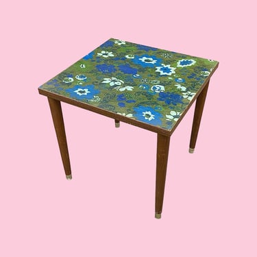Vintage Side Table Retro 1960s Mid Century Modern + Square + Blue Floral Top + Brown Wood + Tapered Legs + Small End Table + MCM Furniture 