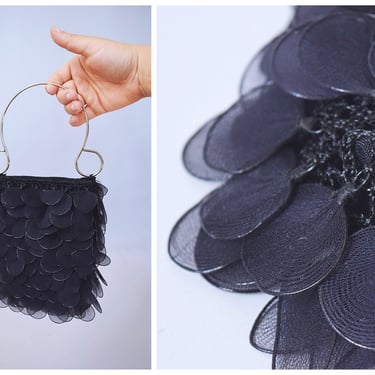 Vintage Y2K Black Nylon Paillette Crochet Handbag Purse with Metal Handle  | retro 90s 1990S 2000s | 
