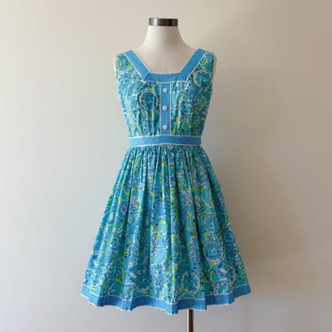 vintage dress blue midi dress sun dress sleeveless animal print lion a line dress 50s dress 60s dress petticoat dress size XS/S 