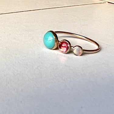 Three stone Goldilocks Ring with Turquoise, Tourmaline, and Australian OPal 