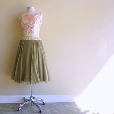 Sequin & Silk Chiffon • Vintage Cocktail Dress • 1960s • MED • Layered Full Skirt • Sage Green Pink Cream • Sleeveless • 60s • Party Dress 