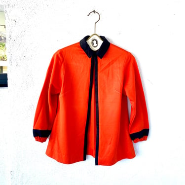 Vintage 70s Bright Orange Black Collared Shirt Cardigan Jacket 