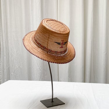 1930s Hand-Caned Rattan Hat with Thunderbird Motif 
