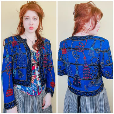 1990s Vintage Della Roufogoali Blue Silk Beaded Jacket / 90s Niteline Tassel Multi Color Novelty Coat / Size Medium 