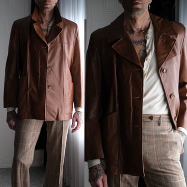 Vintage 70s CRESCO Caramel Leather Three Button Jacket | 100% Genuine Leather | Mod, Disco Era | 1970s Designer Mens Leather Blazer Jacket 