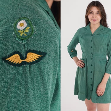 Girl Scout Dress 60s Mini Button Up Uniform Dress Long Sleeve High Waisted Retro Green School Girl Brownie USA Vintage 1960s Extra Small xs 