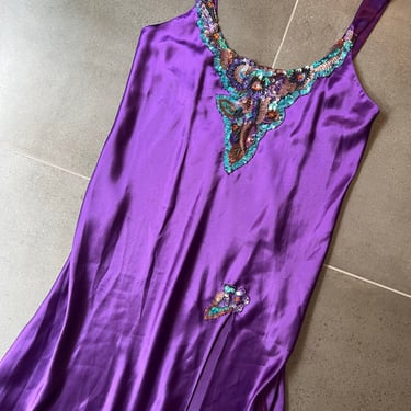 90s Victoria’s Secret Gold Label Purple Satin Beaded Sequined Slip Dress Size M 