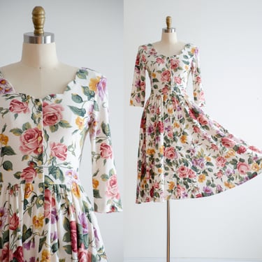 cute cottagecore dress 80s 90s vintage white pink green floral fit and flare cotton dress 