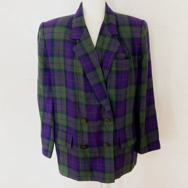 80s Purple and Green Plaid Rayon Double Breasted Blazer | 1X/2X 