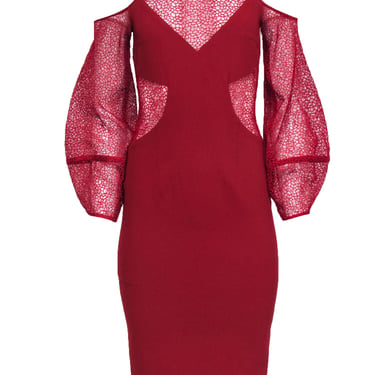 Nicholas - Red Lace Cold Shoulder Mesh Cutout Midi Cocktail Dress Sz 2