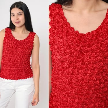 Red Popcorn Tank Top Y2K Texture Blouse Stretchy Sleeveless Shirt Magic Bubble Shiny Casual Party Scoop Neck Vintage 00s Small Medium Large 