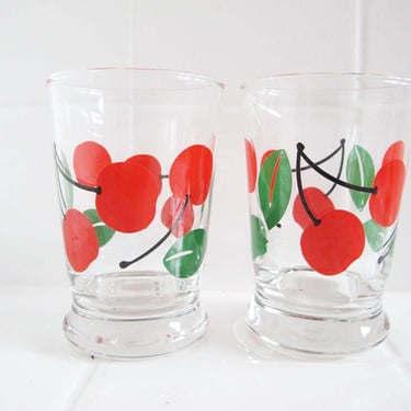 Vintage 50s Cherry Juice Glasses Set of 2 - Small Drinking Breakfast Glasses Fruit Print 