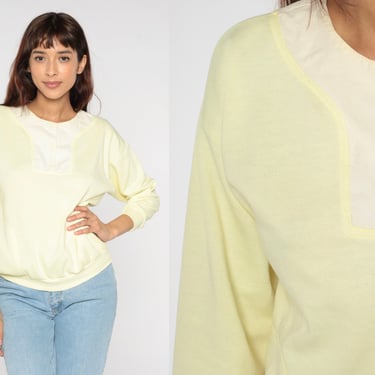 Pastel Yellow Henley Sweatshirt 80s Button Up Long Sleeve Shirt Plain Pullover Retro Preppy Spring Summer Top Normcore Vintage 1980s Medium 