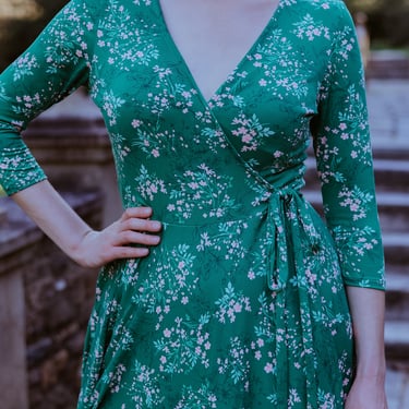 Audrey Wrap dress in Green Floral Knit