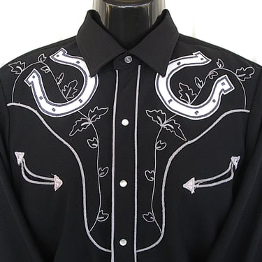 Karman Gold Collection Vintage Men's Cowboy & Rodeo Shirt, Embroidered and Appliqued Horse Shoes, Tag  Size Medium (see meas. photo) 