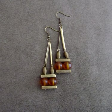 Mid century modern earrings, Brutalist earrings, minimalist earrings, amber orange unique artisan earrings, frosted sea glass earring 373 