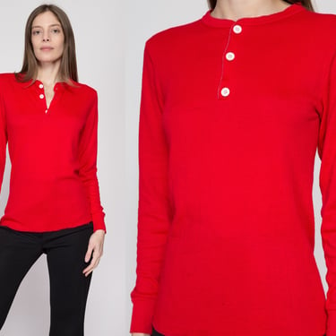Small 70s Red Knit Henley Shirt | Vintage Plain Long Sleeve Thermal Top 