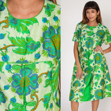 Silk Floral Dress 60s Party Dress Green Flower Print Shift Short Sleeve Frog Button Psychedelic Cocktail Hippie Midi Vintage 1960s Medium M 