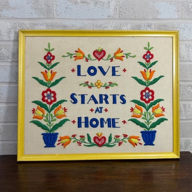 Vintage Art: Handmade "Love Starts at Home" Embroidery with Flower and Heart Decoration 