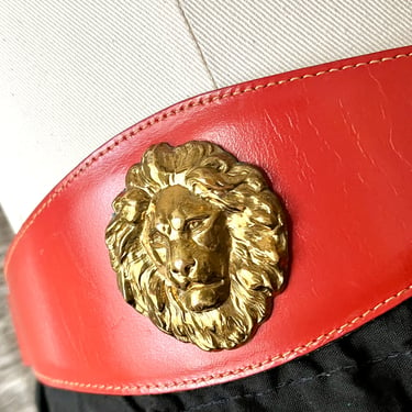 Statement Belt, Sculptural Lion, Red Leather, Wide Belt, Vintage Anne Klein, 70s 80s 