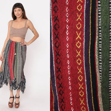 Mexican Serape Skirt 90s Fringe Blanket Skirt Hanky Hem Striped Woven Skirt Midi Boho Hippie Folk Elastic Waist 1990s Vintage Small xs s 