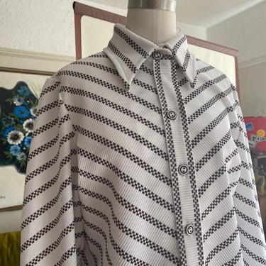 Vintage 70s Fall Long Sleeve Polyester Chevron Blouse with Cuffed Sleeves; 70s Checkerboard Polyester Blouse with Dagger Collar L 
