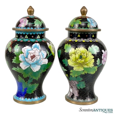 Vintage Chinese Cloisonne Brass & Enamel Black Floral Ginger Jar Urns - A Pair