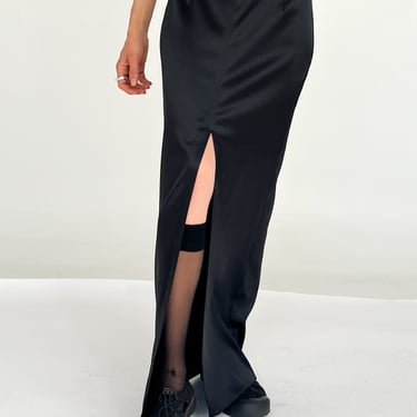 Black Satin Center Slit Skirt (S)
